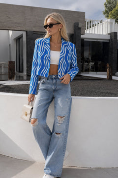 Desenli Crop Blazer Ceket - Mavi