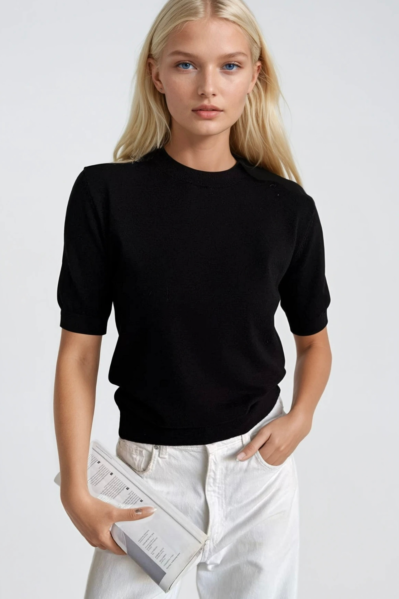 Bisiklet Yaka Kısa Kol Triko Bluz - Siyah