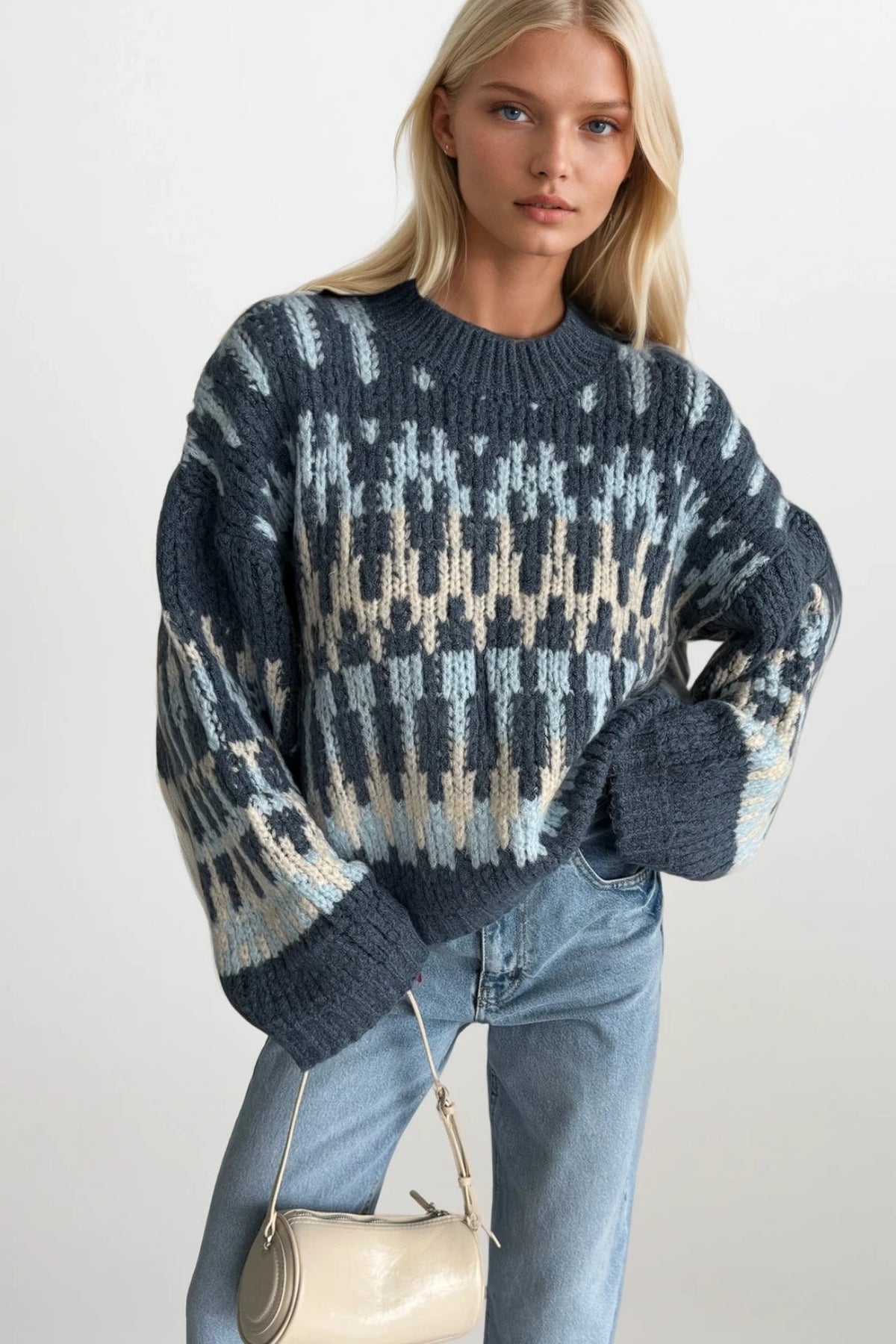 Desenli Oversize Triko Kazak - Mavi