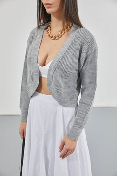 Biyeli Crop Triko Hırka - Gri