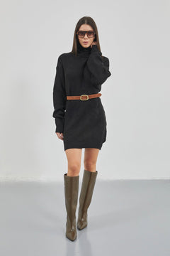 Oversize Balıkçı Yaka Triko Tunik - Siyah
