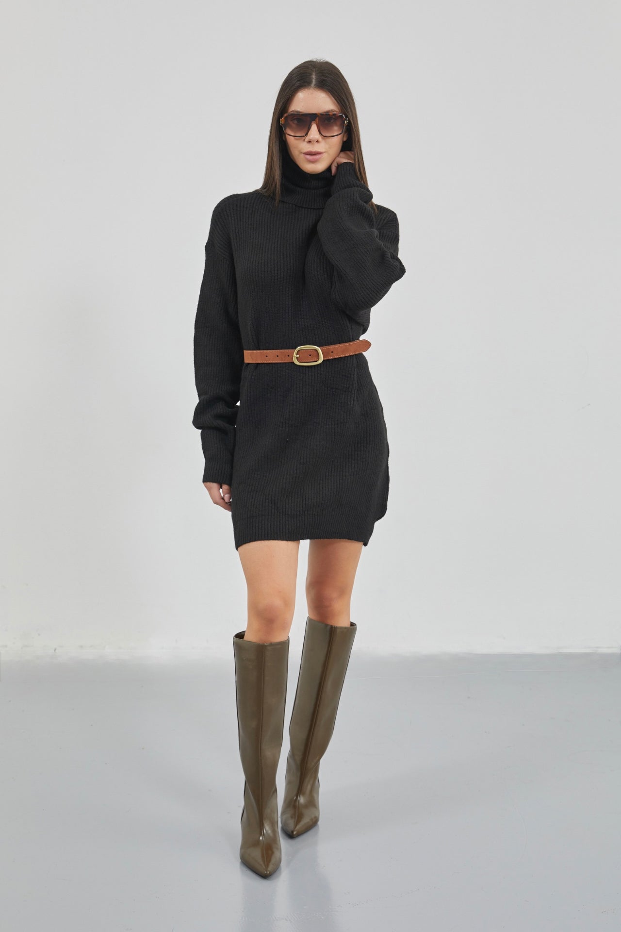 Oversize Balıkçı Yaka Triko Tunik - Siyah