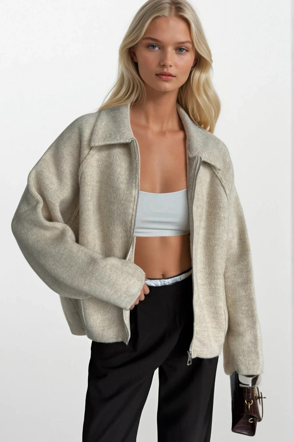 Zip Detail Polo Collar Sweater