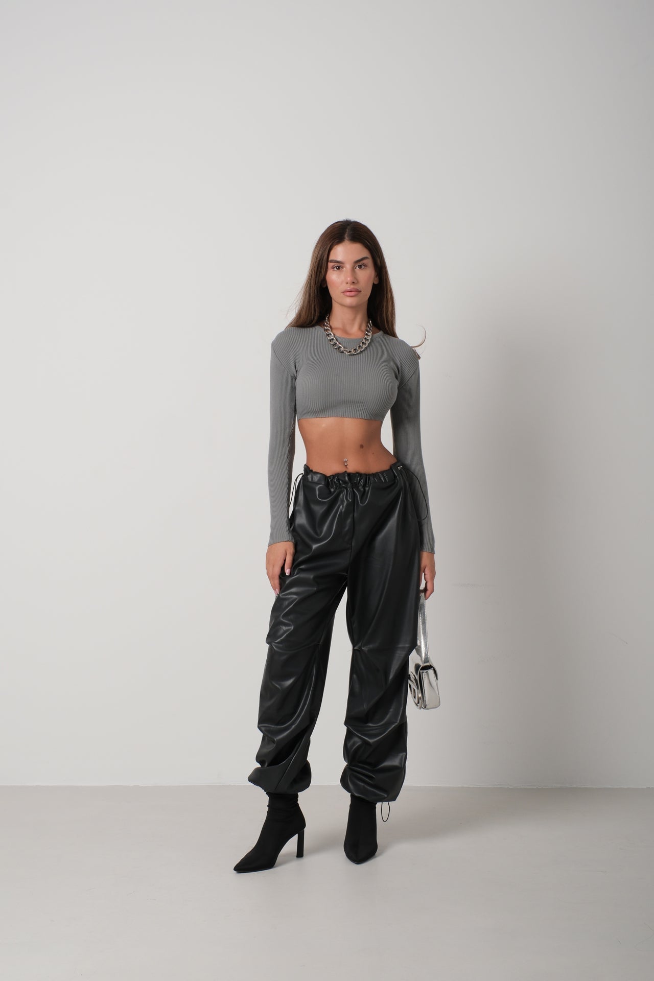 Basic Crop Triko Bluz - Gri
