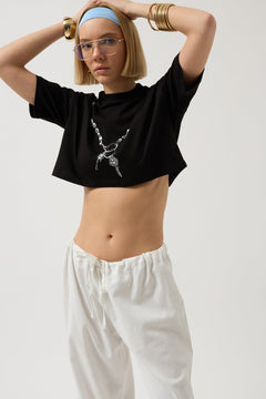 Zincir Baskılı Crop T-Shirt - Siyah