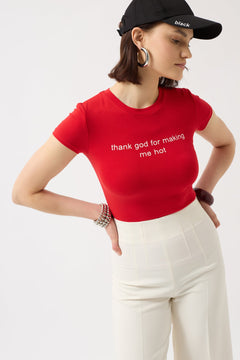 Thanks God Baskılı Likralı Crop T-Shirt - Kırmızı
