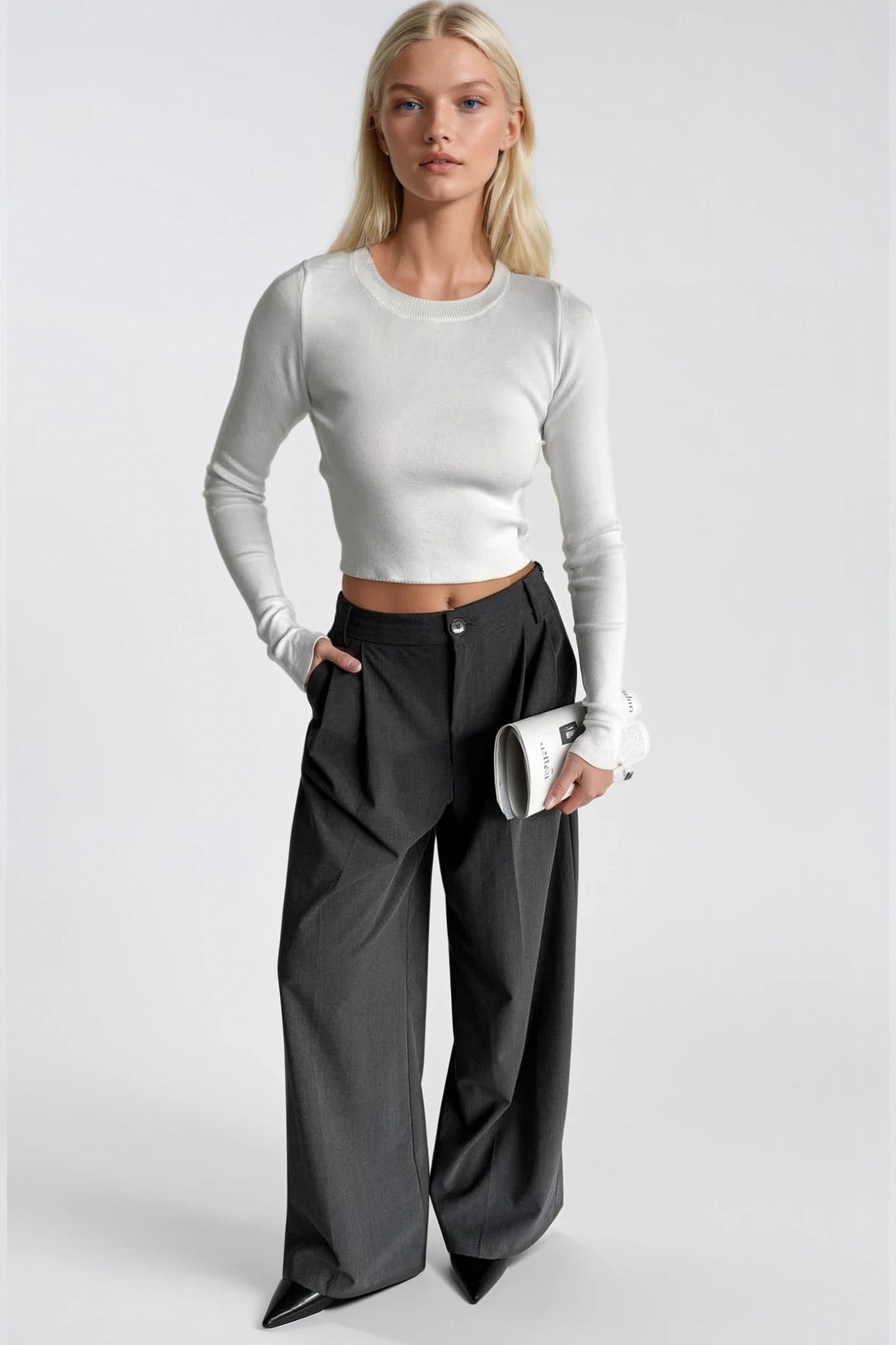 Bisiklet Yaka Basic Triko Bluz - Beyaz