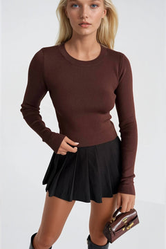 Bisiklet Yaka Basic Triko Bluz - Kahverengi