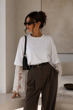 Bisiklet Yaka Kol Dantel Detay Oversize T-Shirt - Beyaz
