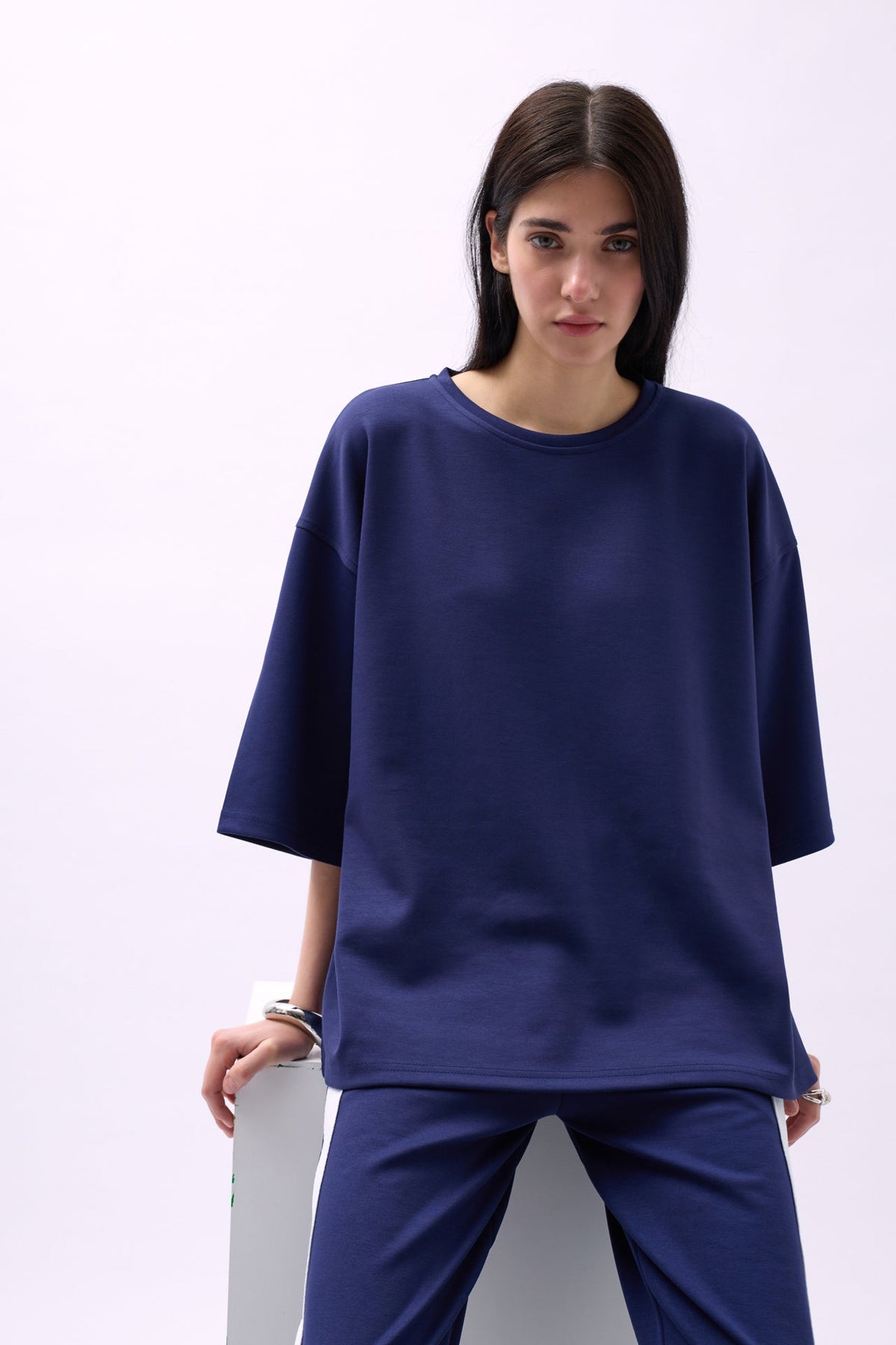 Bisiklet Yaka Oversize T-Shirt - Lacivert