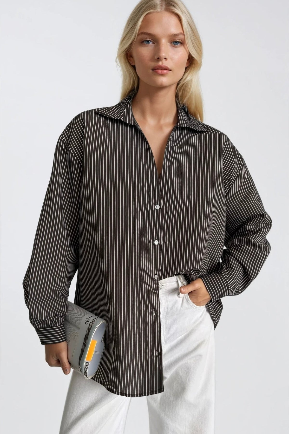 Çizgili Oversize Gömlek - Kahverengi