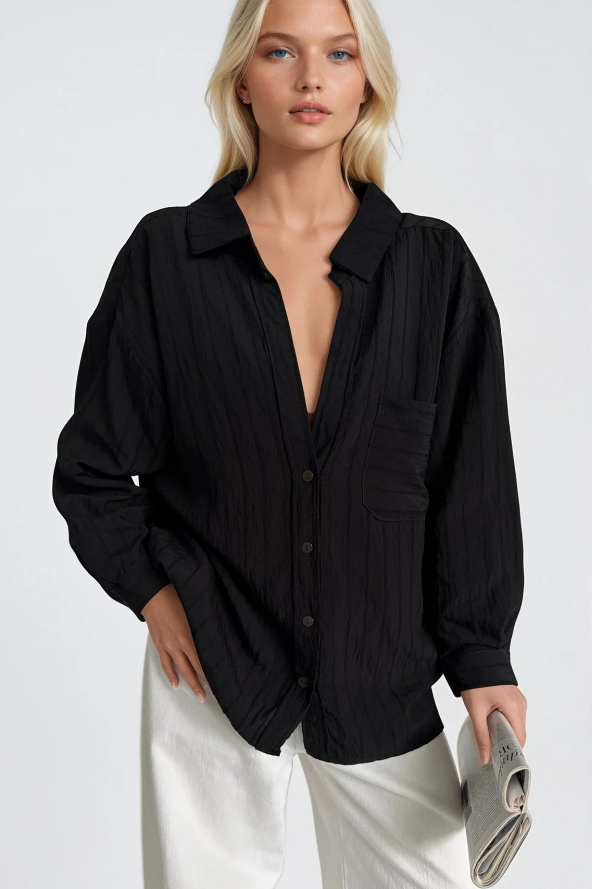Çizgili Oversize Modal Gömlek - Siyah