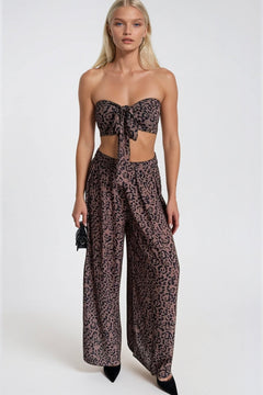 Desenli Crop Bluz Pantolon İkili Takım - Leopar
