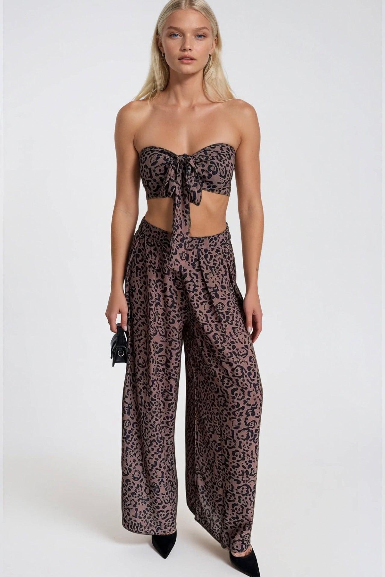 Desenli Crop Bluz Pantolon İkili Takım - Leopar