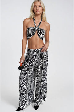 Desenli Crop Bluz Pantolon İkili Takım - Zebra