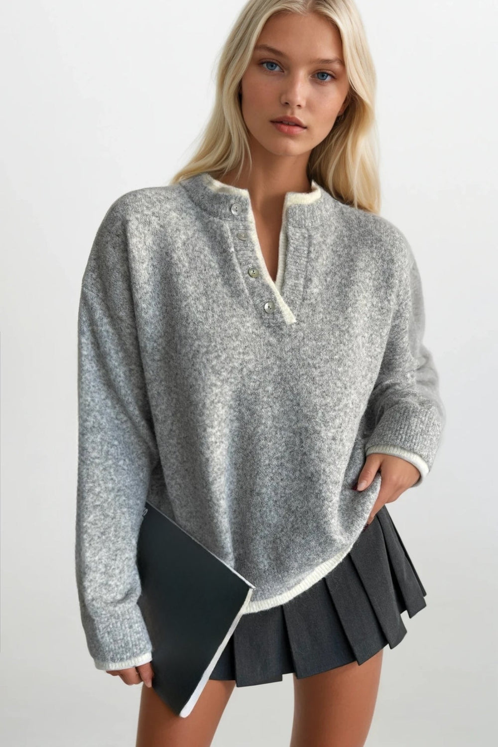 Button Detail Basic Knit Sweater