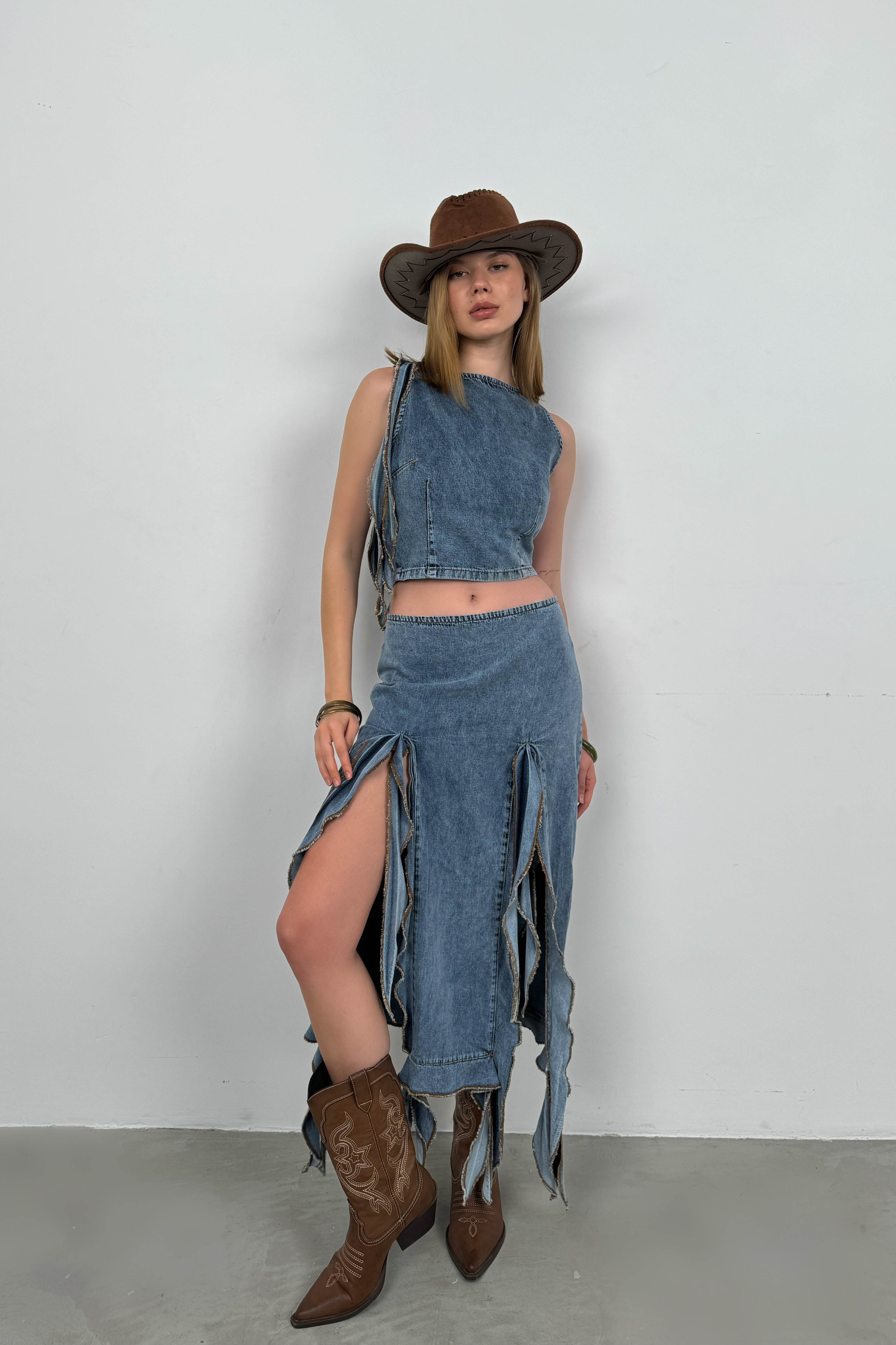 Fırfır Detay Denim Bluz - Açık Mavi