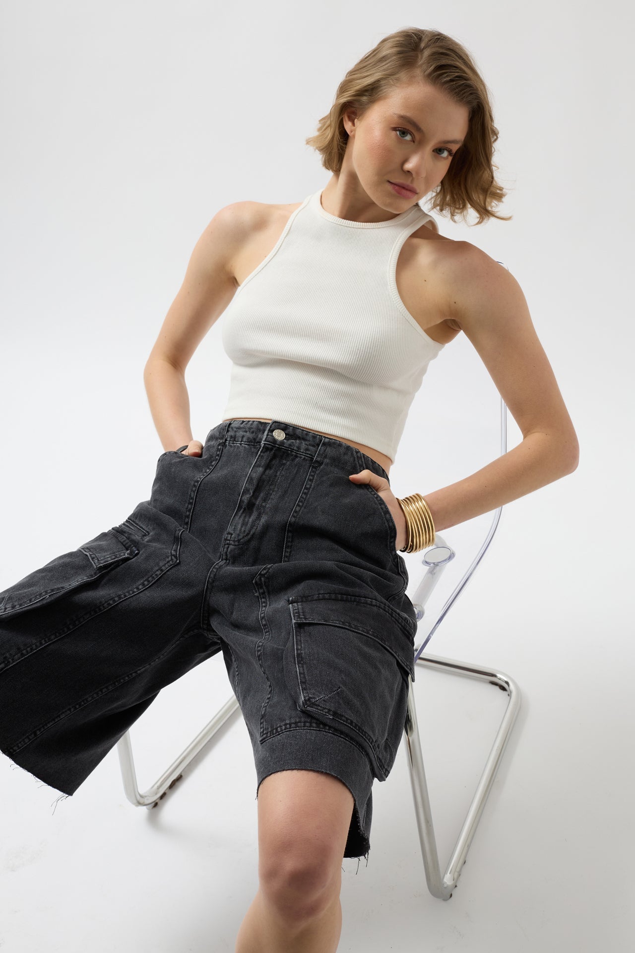 Kargo Cep Bermuda Denim Şort - Kar Yıkama Füme