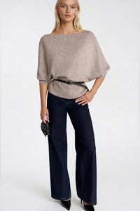 Belt Detail Short Sleeve Boat Neck Knit Blouse