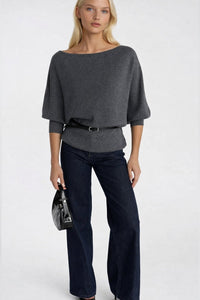 Belt Detail Short Sleeve Boat Neck Knit Blouse