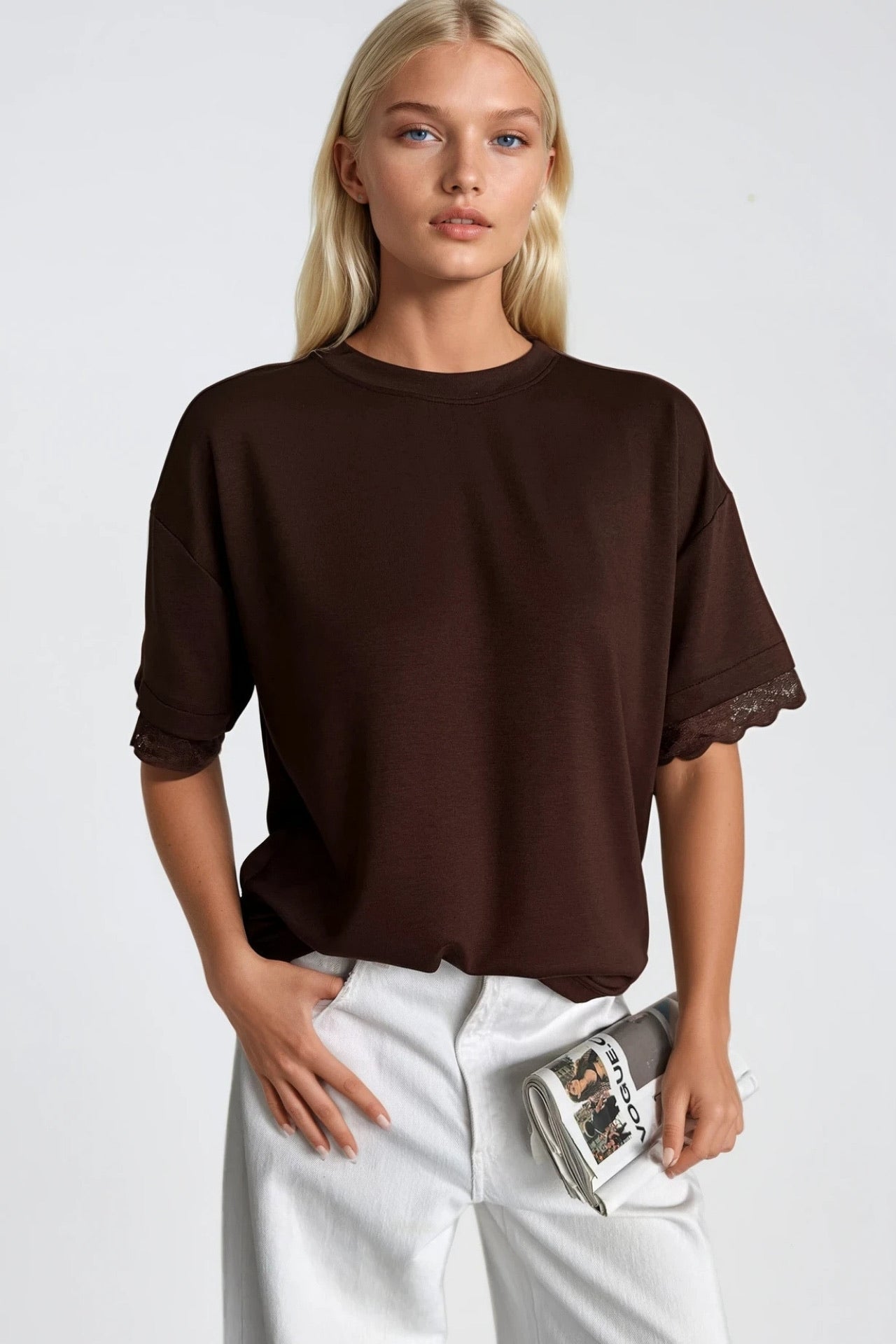 Kol Ve Sırt Dantel Detay T-Shirt - Kahverengi