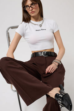 Nepo Baskılı Crop T-Shirt - Beyaz
