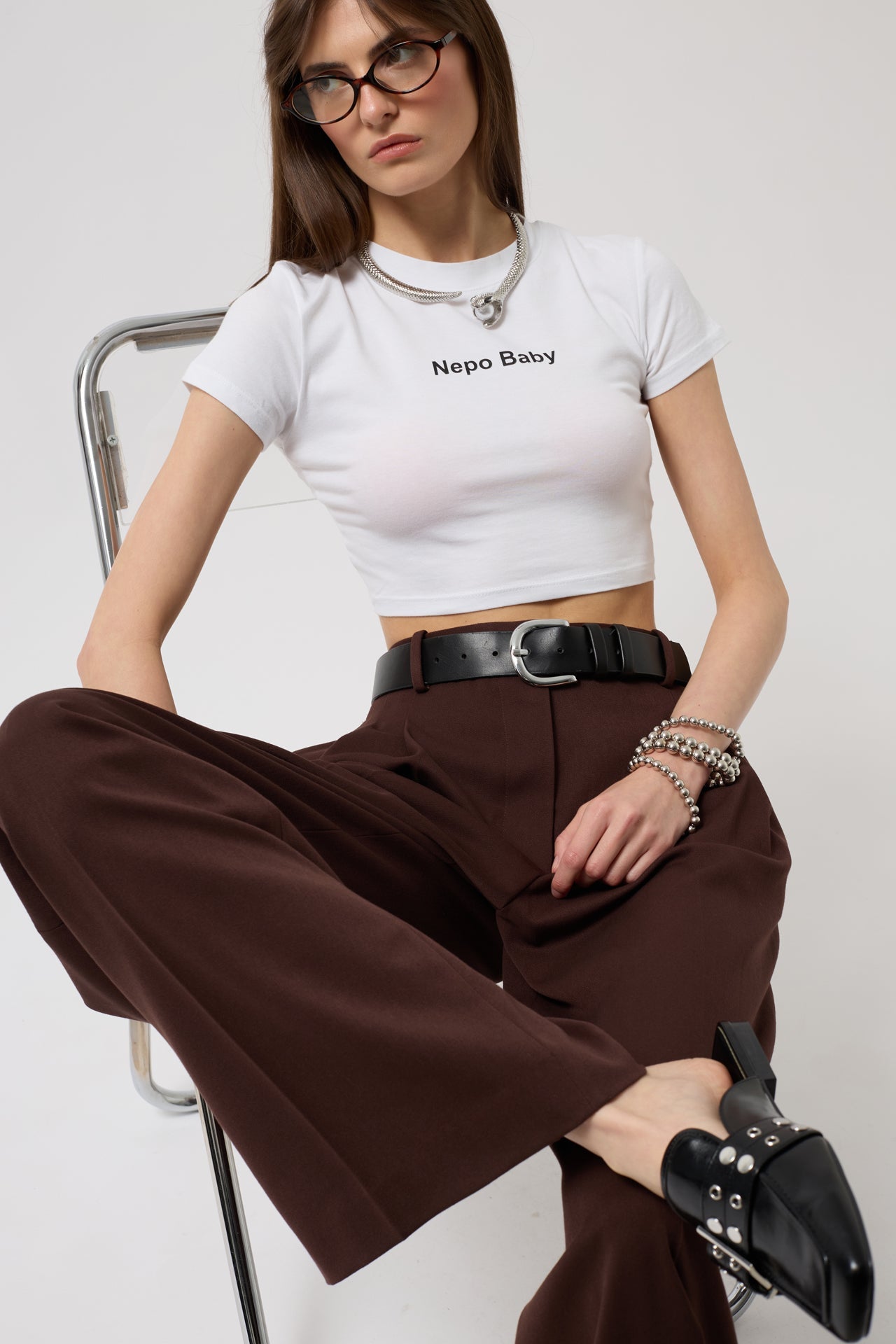 Nepo Baskılı Crop T-Shirt - Beyaz