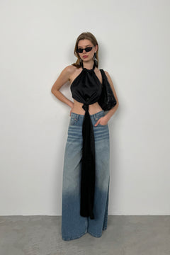 Önden Bağlamalı Saten Bluz - Siyah