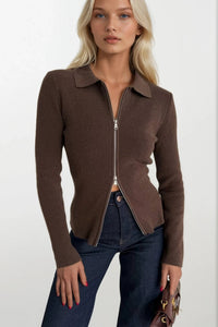 Polo Collar Double Zip Knit Blouse