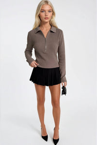 Polo Neck Zip Detail Knit Blouse