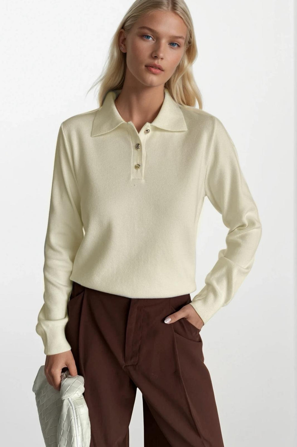 Polo Yaka Gold Düğmeli Triko Bluz