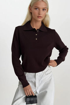 Polo Yaka Gold Düğmeli Triko Bluz - Bordo