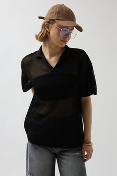Polo Yaka Transparan  T-Shirt - Siyah