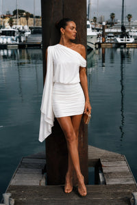 Shawl Detail Drop Shoulder Ruched Mini Dress