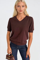 V-Neck Short Sleeve Knit Blouse