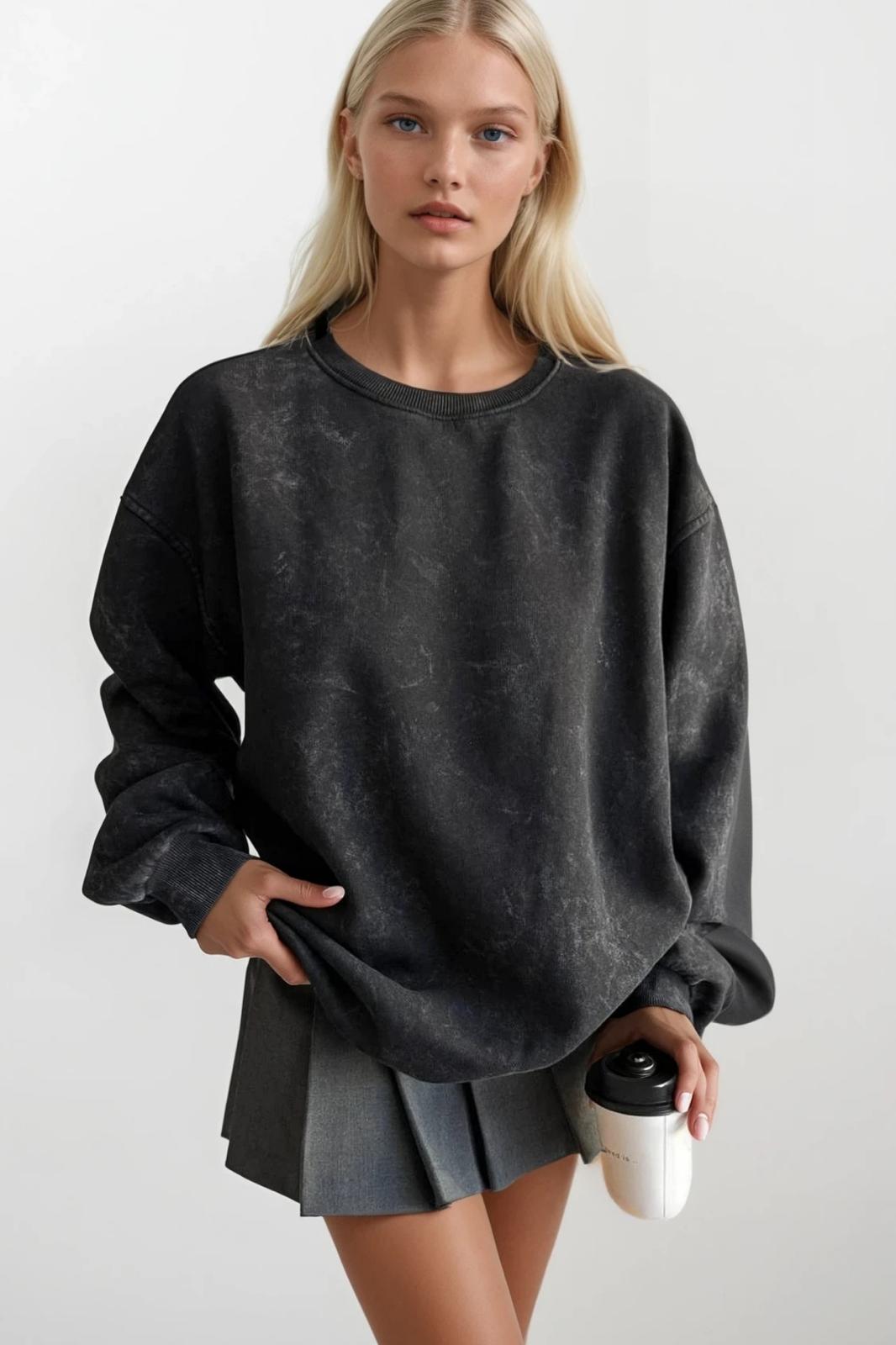 Yıkamalı Oversize Sweatshirt - Siyah